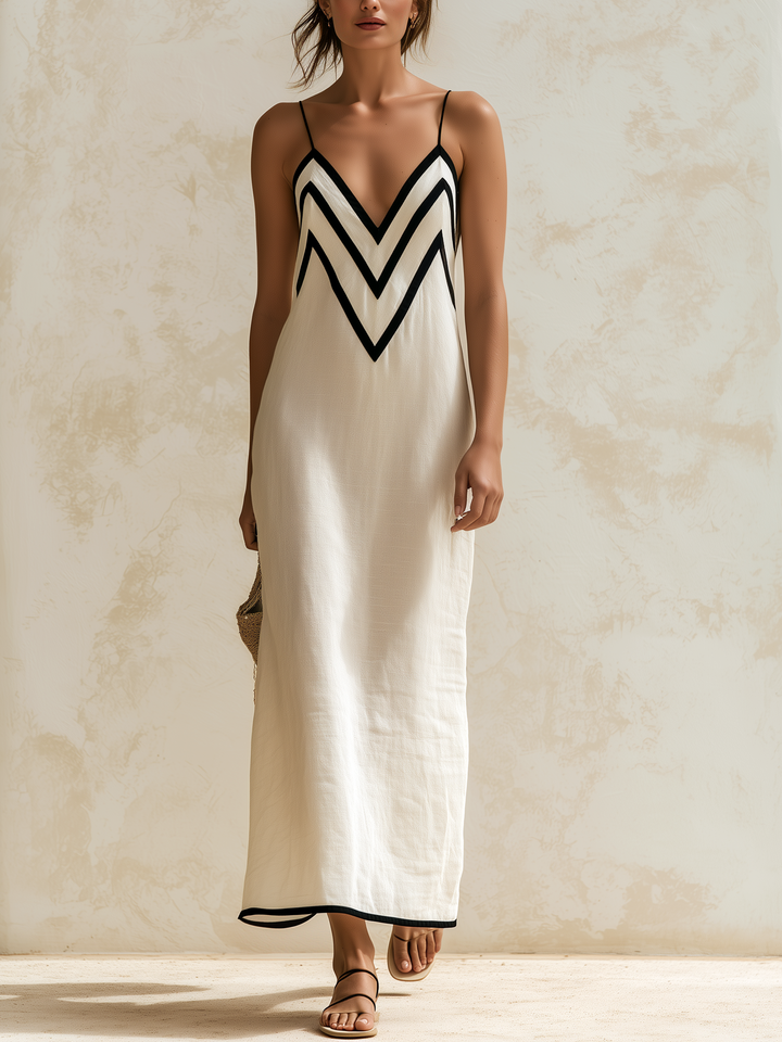 Simona | Long linen slip-style dress with chevron-pattern contrast trim