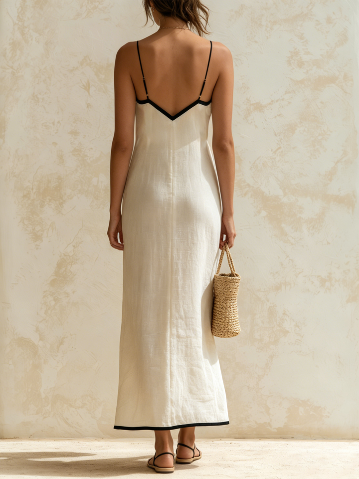 Simona | Long linen slip-style dress with chevron-pattern contrast trim