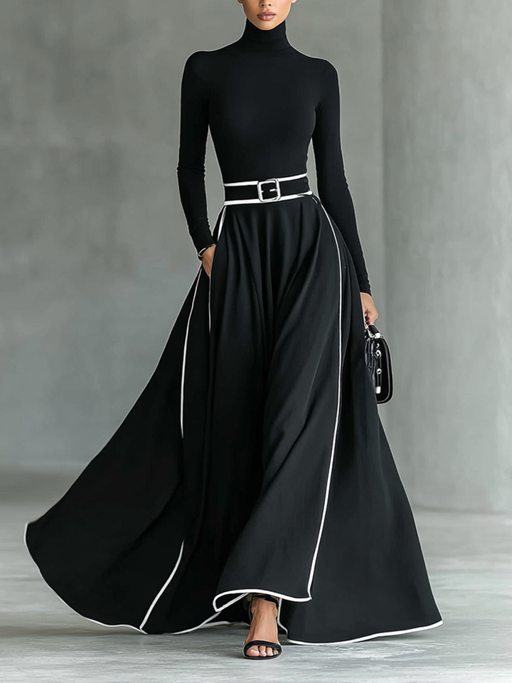 Gina – Black Maxi Dress with White Stitching, High Neck, Long Sleeves and Cinched Waist