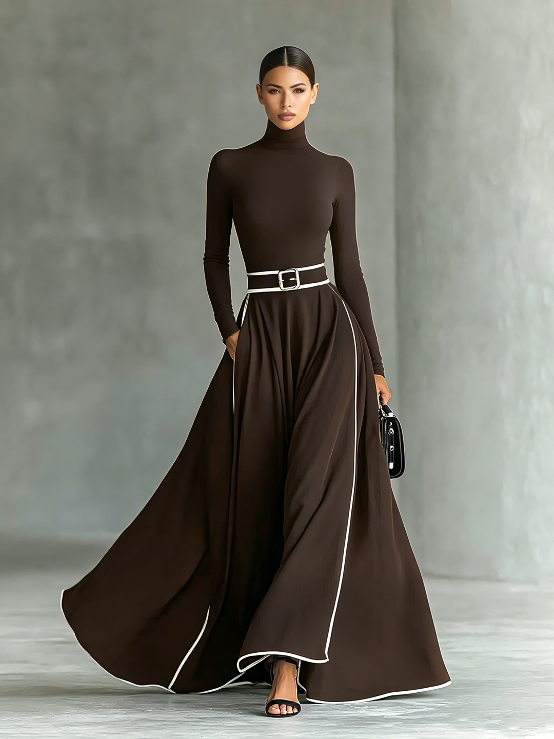 Gina – Black Maxi Dress with White Stitching, High Neck, Long Sleeves and Cinched Waist