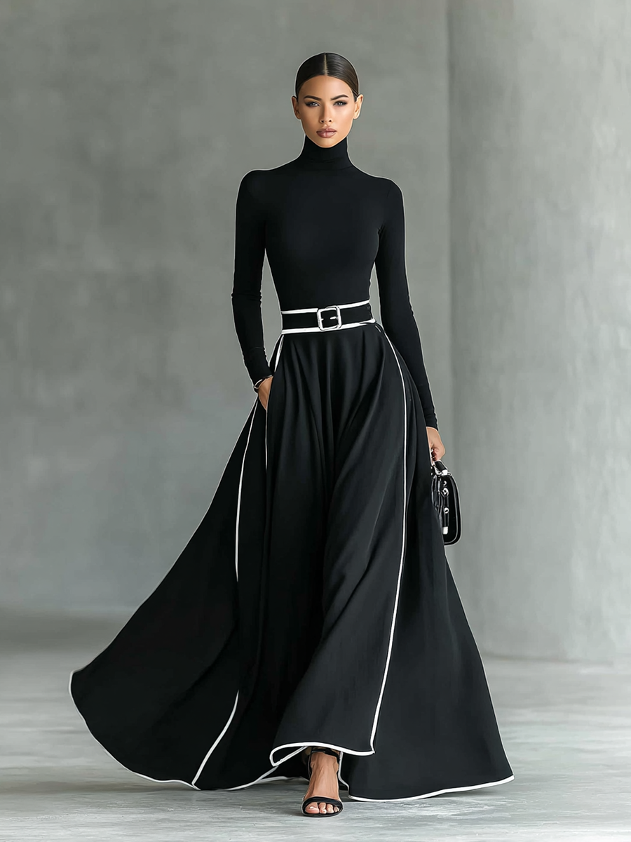 Gina – Black Maxi Dress with White Stitching, High Neck, Long Sleeves and Cinched Waist