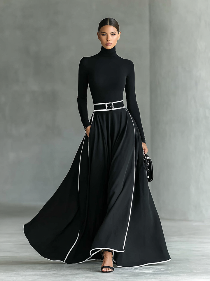 Gina – Black Maxi Dress with White Stitching, High Neck, Long Sleeves and Cinched Waist