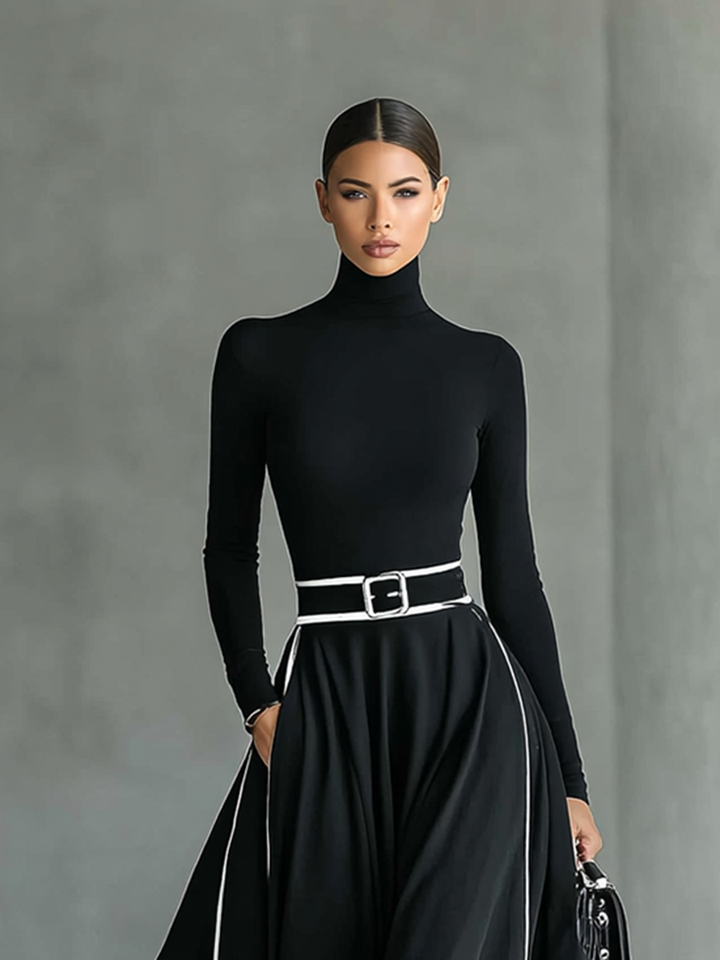 Gina – Black Maxi Dress with White Stitching, High Neck, Long Sleeves and Cinched Waist