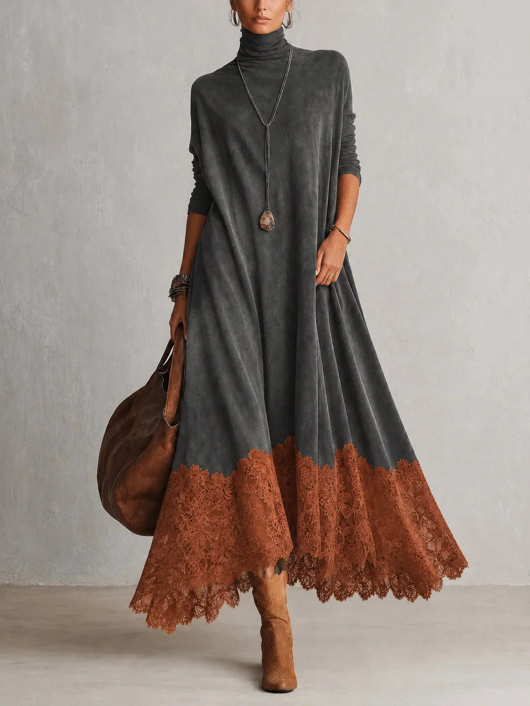 Brooke™ Faux Suede Lace-Trim Maxi Dress