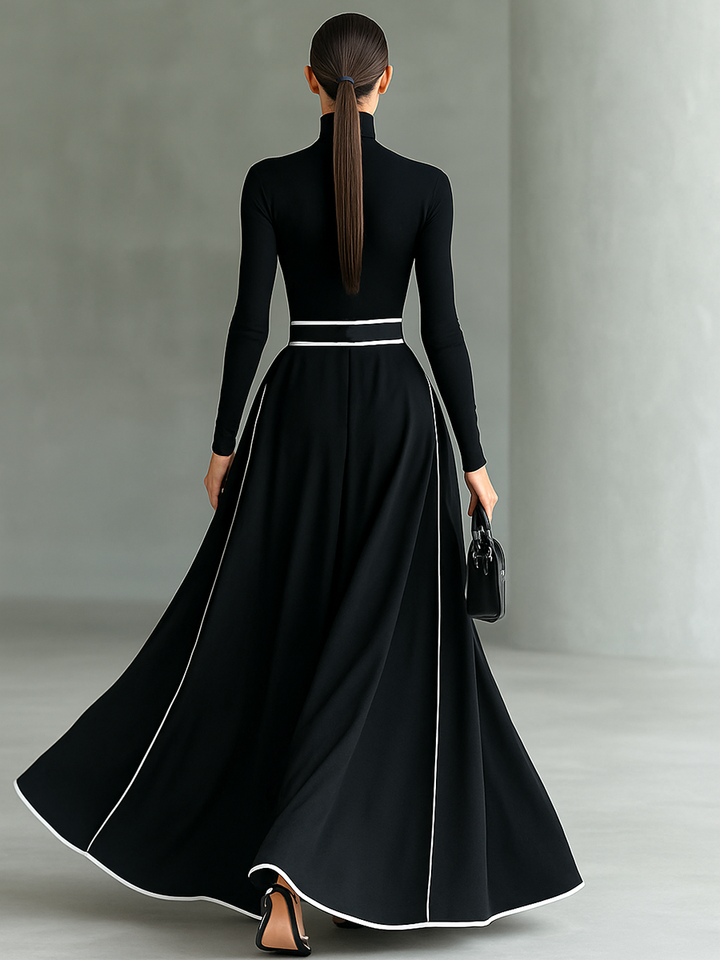 Gina – Black Maxi Dress with White Stitching, High Neck, Long Sleeves and Cinched Waist