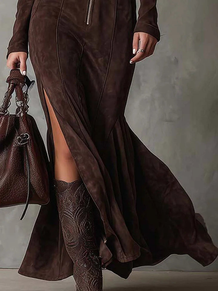 Claudia – Belted Brown Maxi Dress
