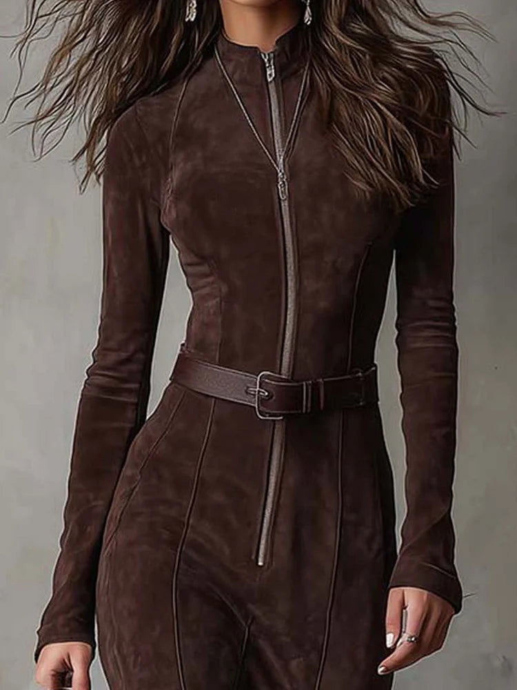Claudia – Belted Brown Maxi Dress