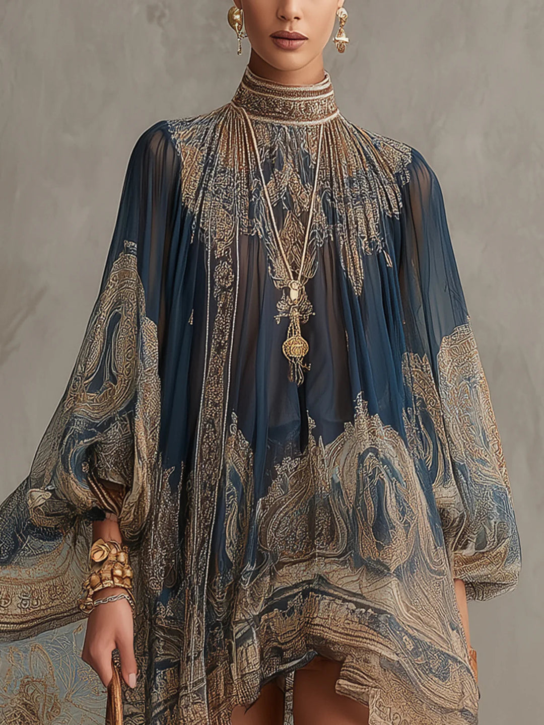 Marianna | Navy Chiffon Mini Dress with Gold Baroque Print