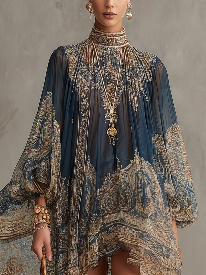 Marianna | Navy Chiffon Mini Dress with Gold Baroque Print