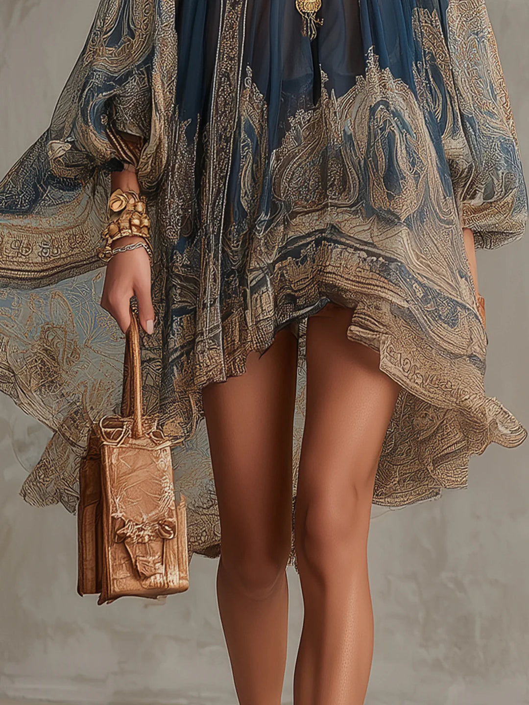 Marianna | Navy Chiffon Mini Dress with Gold Baroque Print