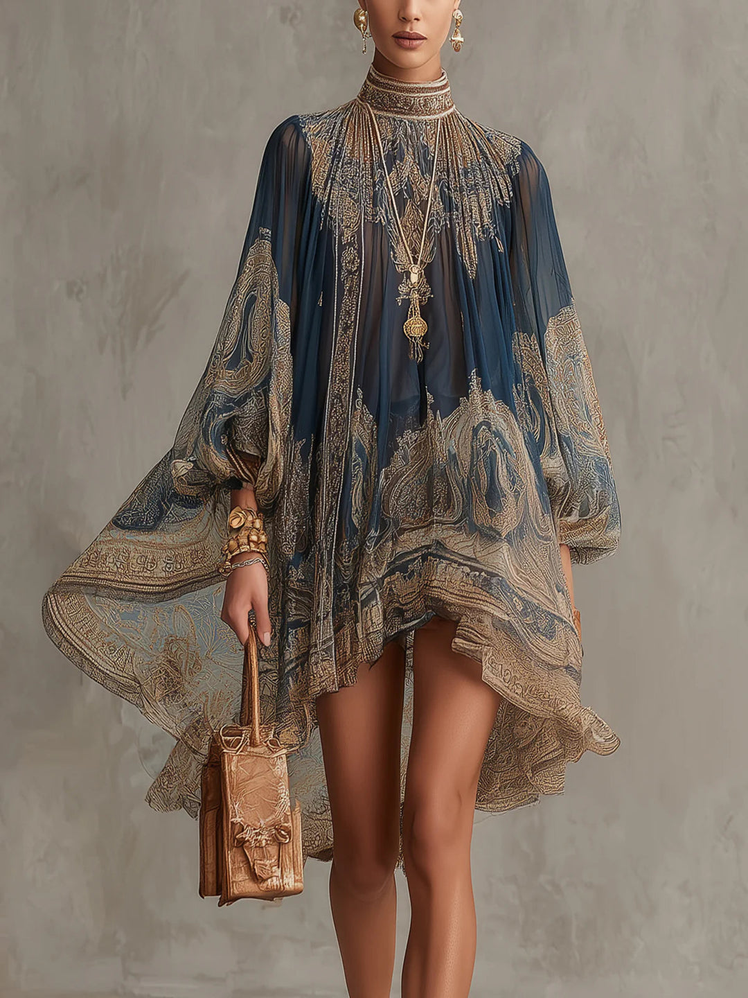 Marianna | Navy Chiffon Mini Dress with Gold Baroque Print