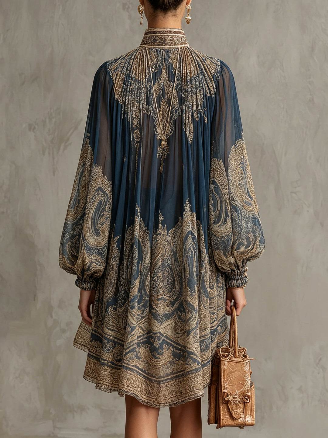 Marianna | Navy Chiffon Mini Dress with Gold Baroque Print