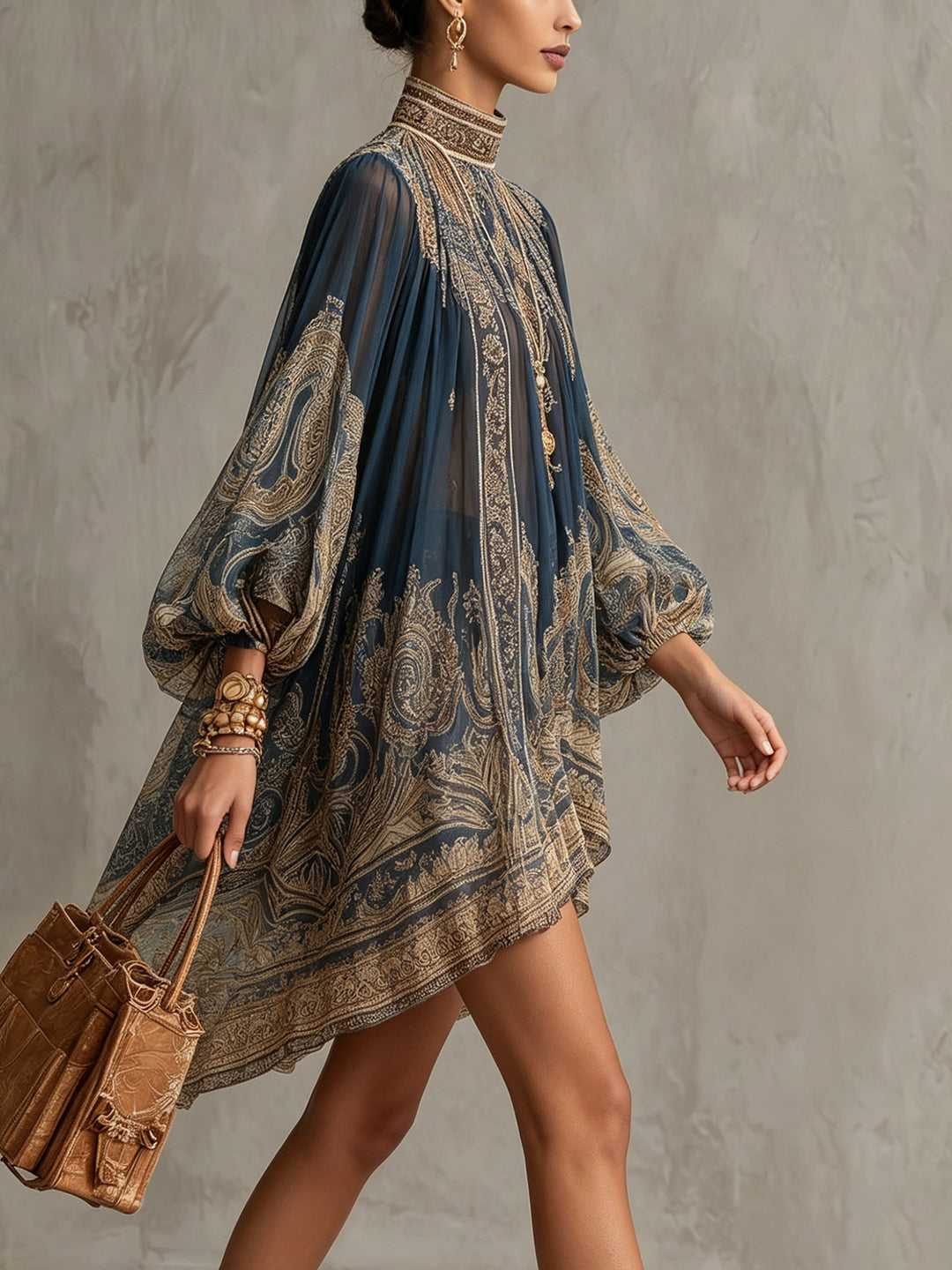 Marianna | Navy Chiffon Mini Dress with Gold Baroque Print