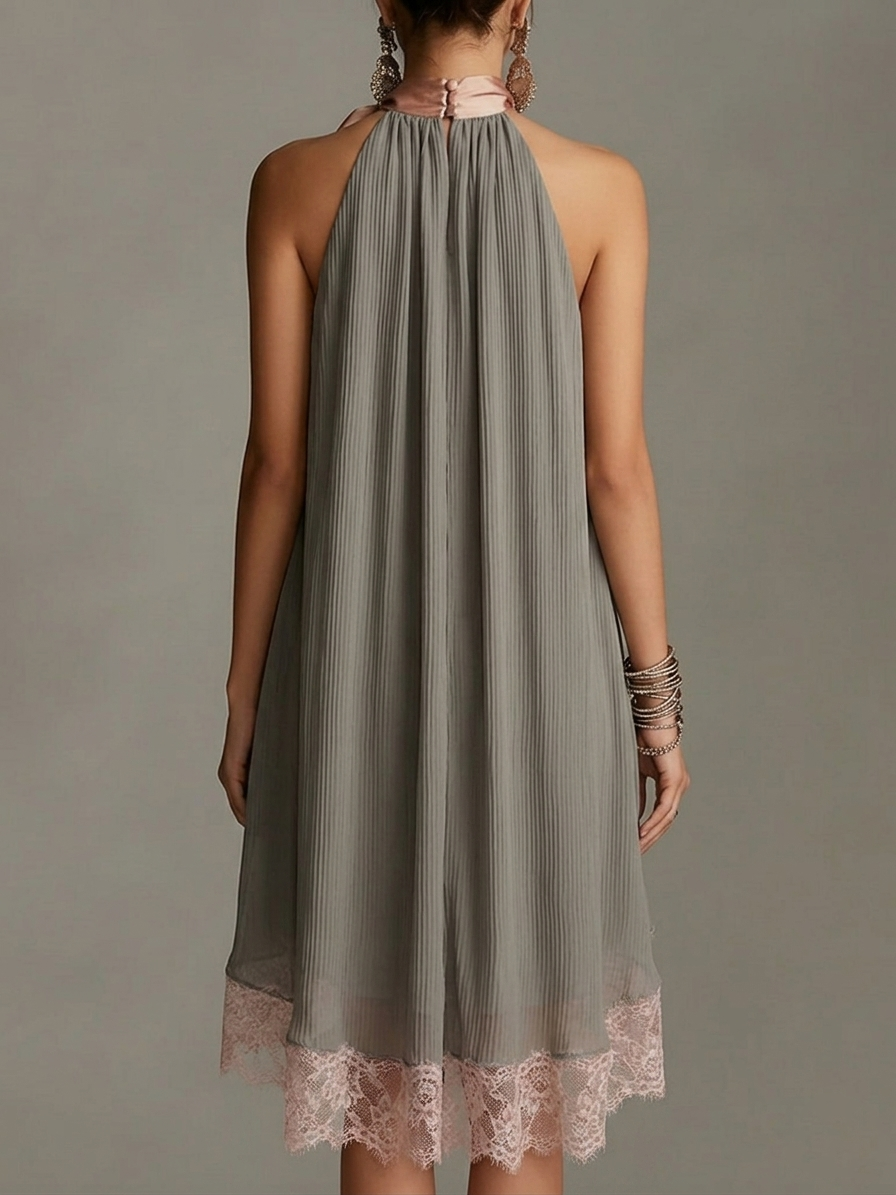 Beatrice | Grey Satin Mini Dress with Pink Bow and Lace
