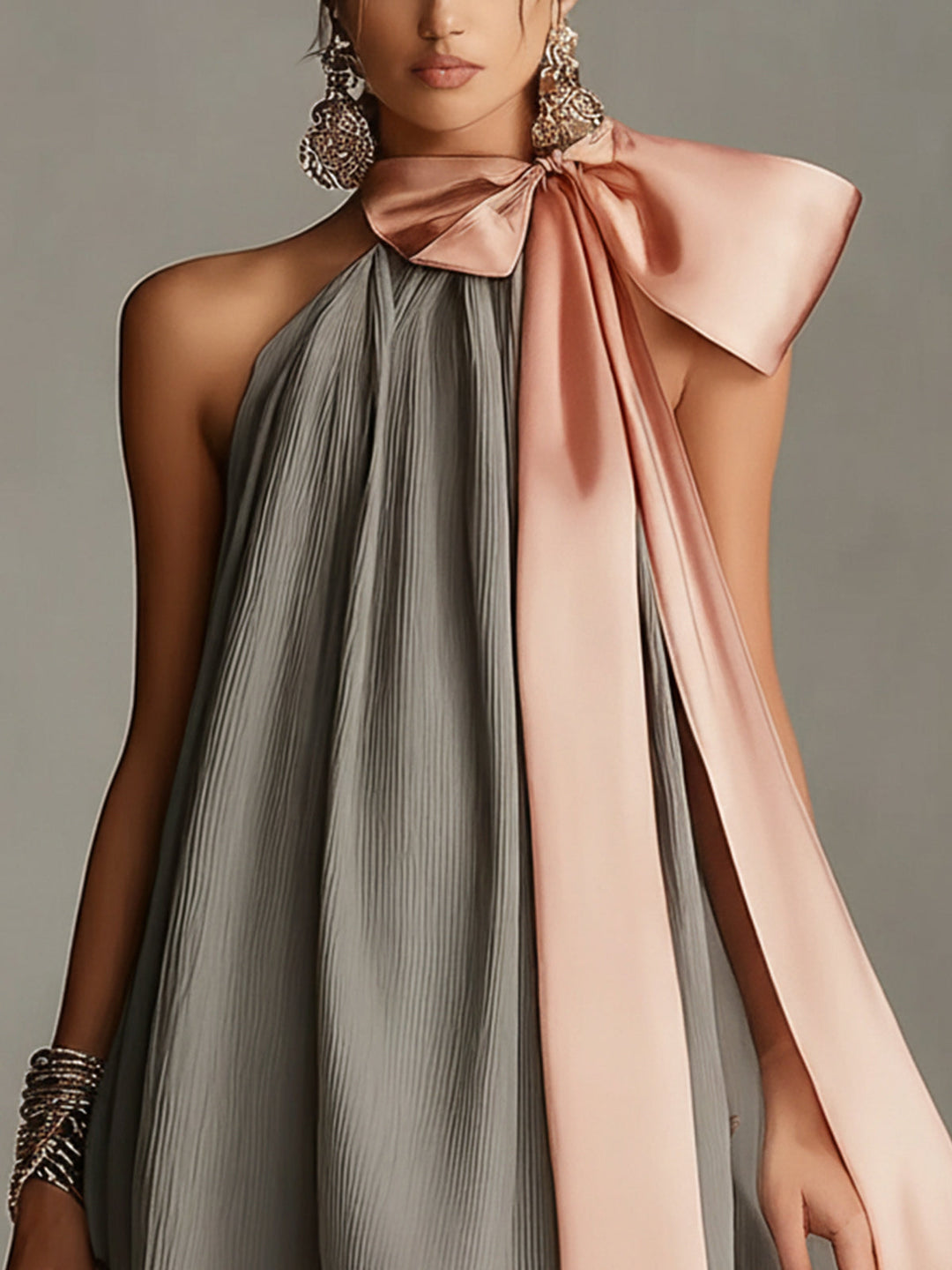 Beatrice | Grey Satin Mini Dress with Pink Bow and Lace