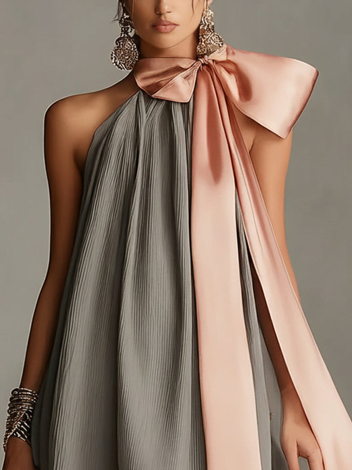 Beatrice | Grey Satin Mini Dress with Pink Bow and Lace