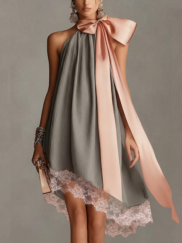 Beatrice | Grey Satin Mini Dress with Pink Bow and Lace