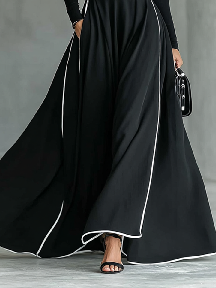 Gina – Black Maxi Dress with White Stitching, High Neck, Long Sleeves and Cinched Waist